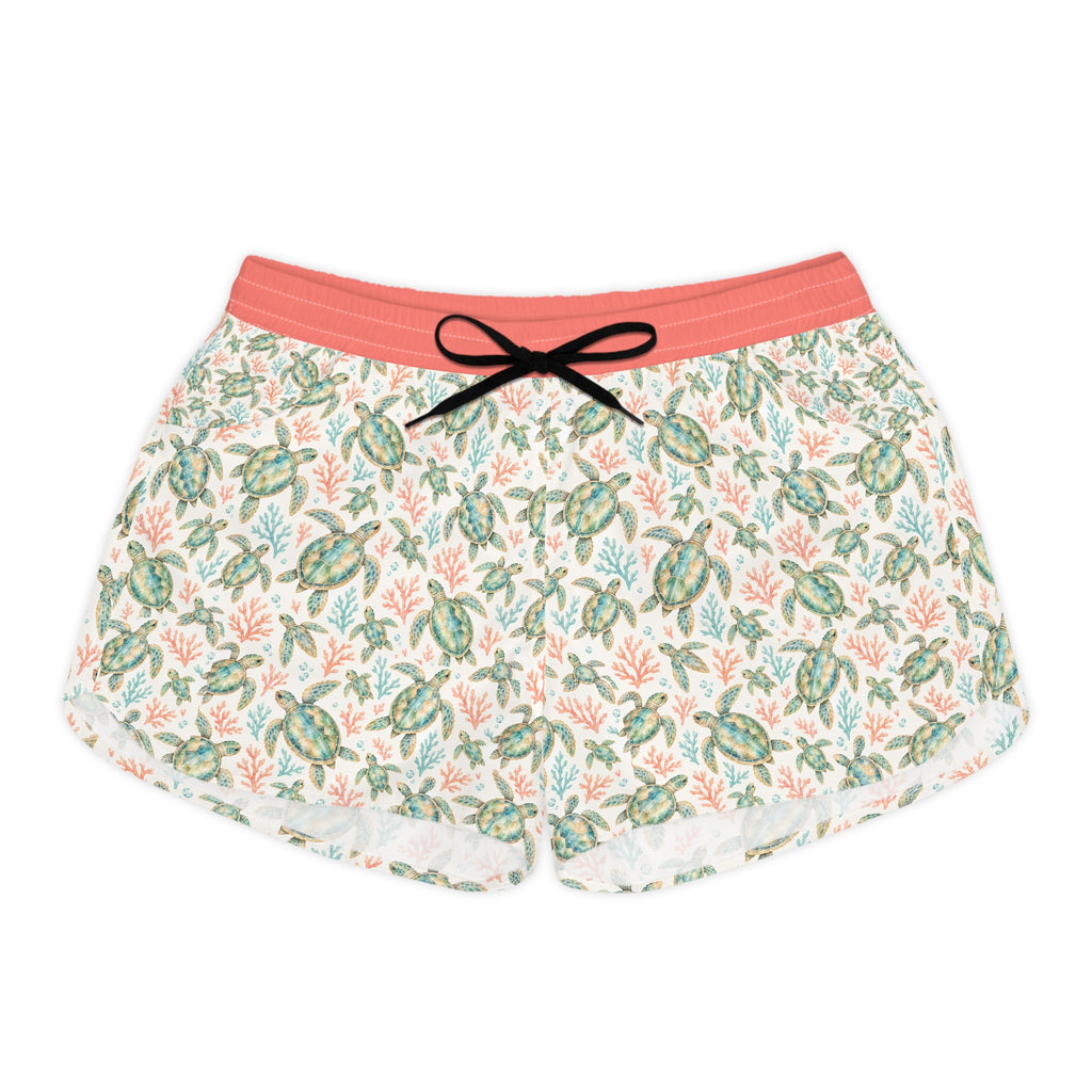 Sea Turtle Print Women's Casual Shorts — Tropical Floral Beach Lounge Shorts