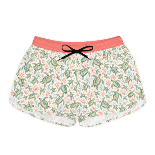 Sea Turtle Print Women's Casual Shorts — Tropical Floral Beach Lounge Shorts