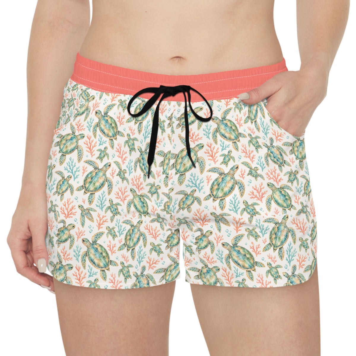 Sea Turtle Print Women's Casual Shorts — Tropical Floral Beach Lounge Shorts