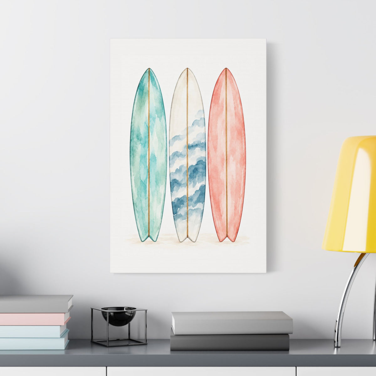 Surfboard Wall Art Canvas — Watercolor Coastal Surf Print (Satin Stretched)