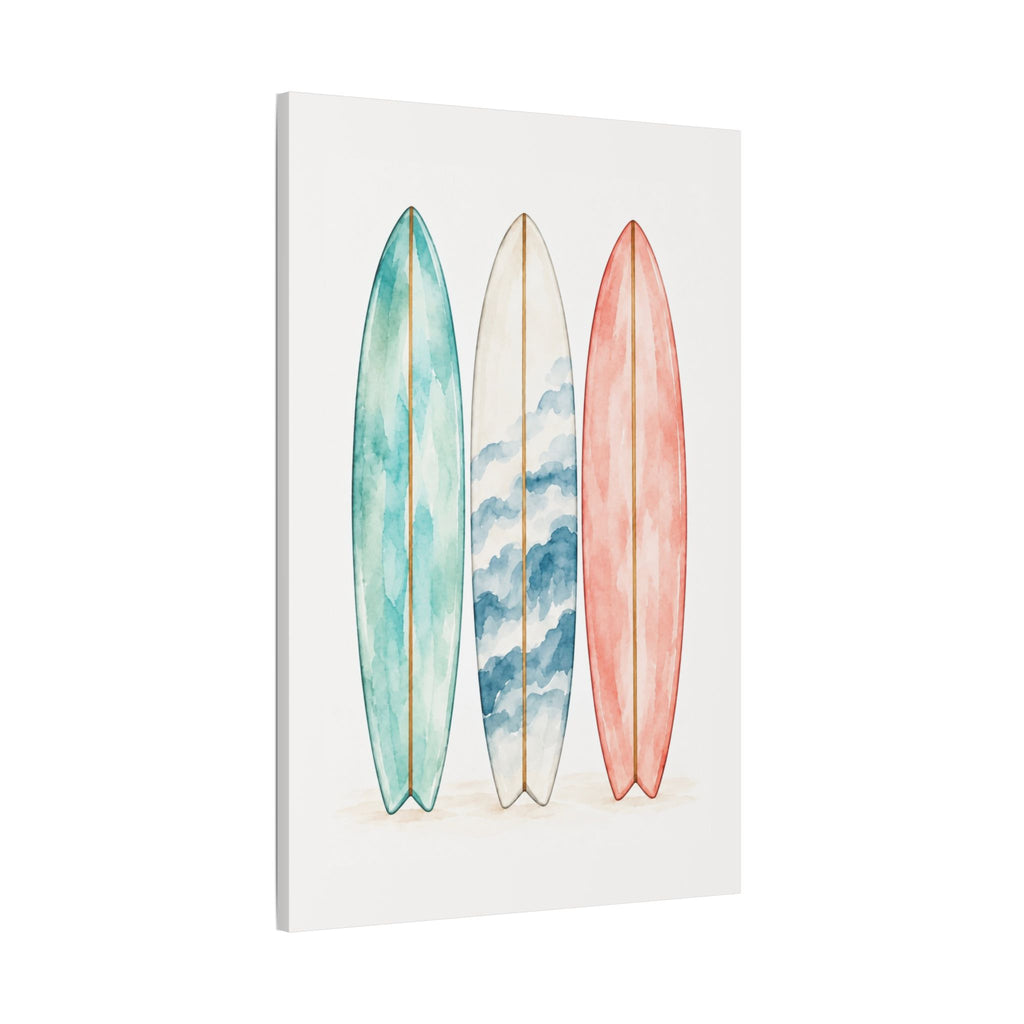 Surfboard Wall Art Canvas — Watercolor Coastal Surf Print (Satin Stretched)