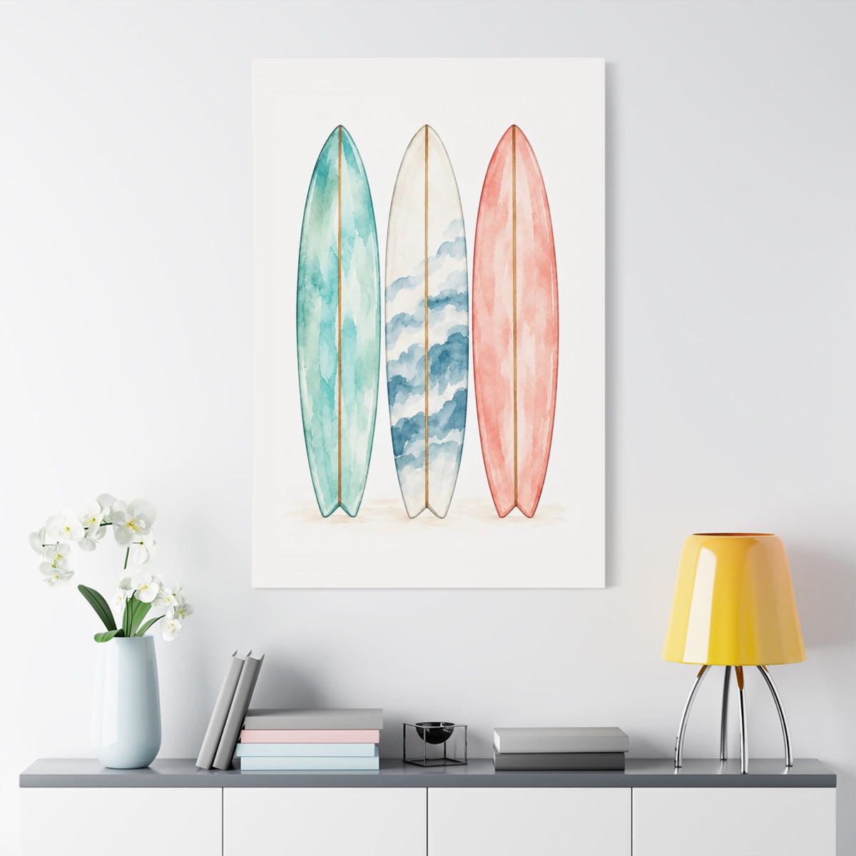 Surfboard Wall Art Canvas — Watercolor Coastal Surf Print (Satin Stretched)