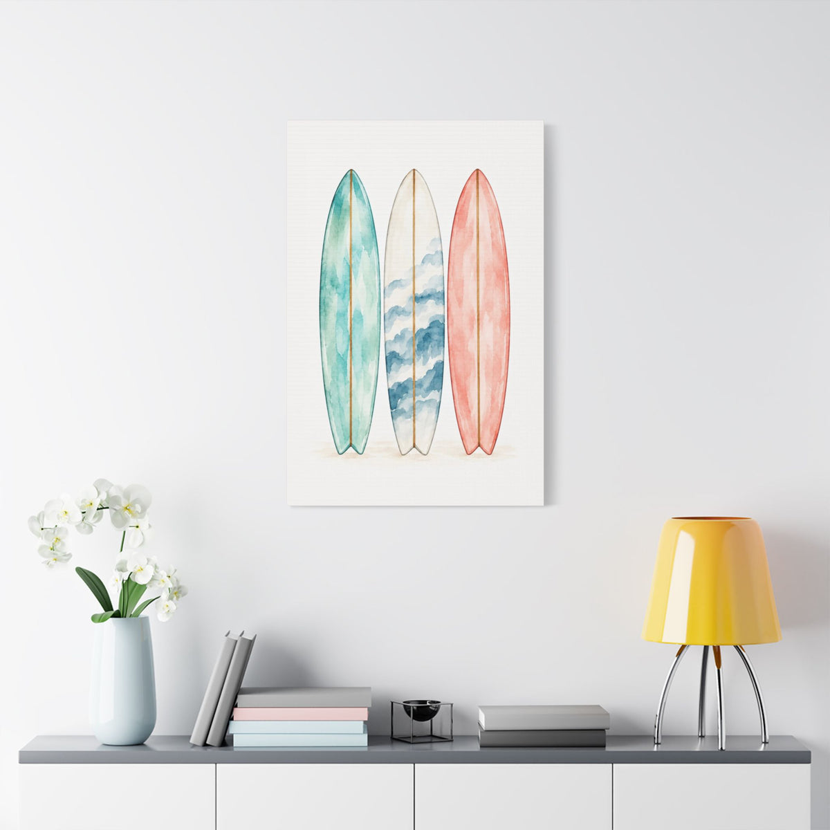Surfboard Wall Art Canvas — Watercolor Coastal Surf Print (Satin Stretched)
