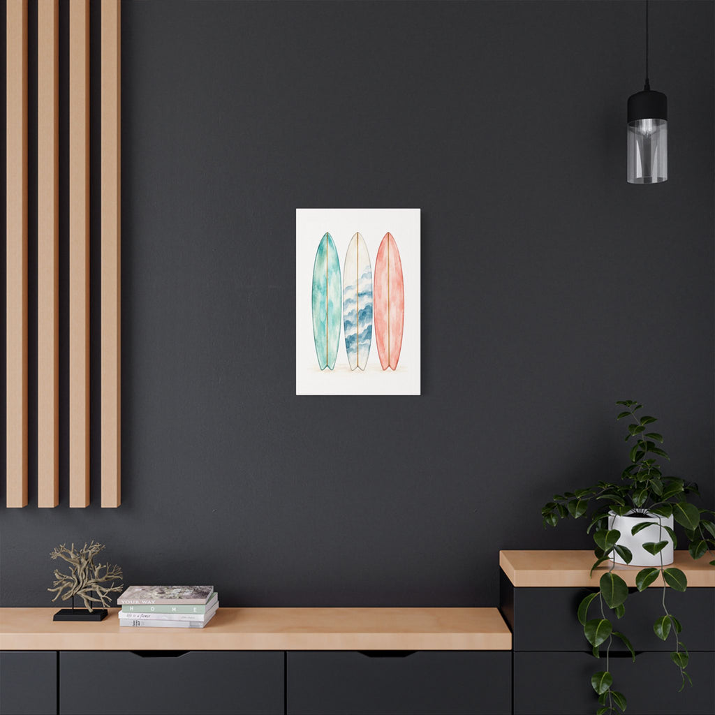 Surfboard Wall Art Canvas — Watercolor Coastal Surf Print (Satin Stretched)