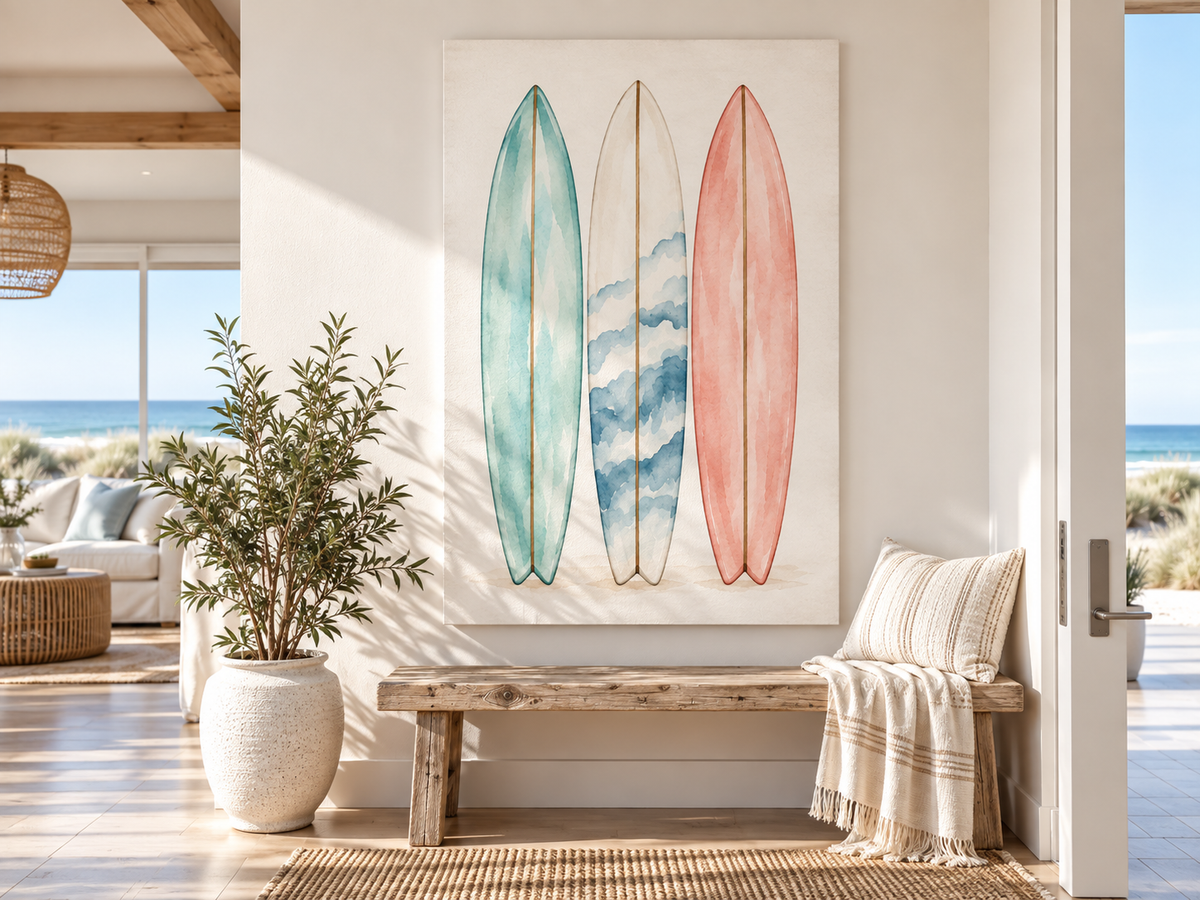 Surfboard Wall Art Canvas — Watercolor Coastal Surf Print (Satin Stretched)