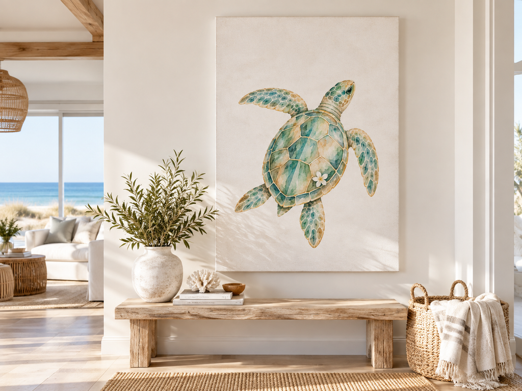 Watercolor Sea Turtle Satin Canvas Stretched | Coastal Wall Art