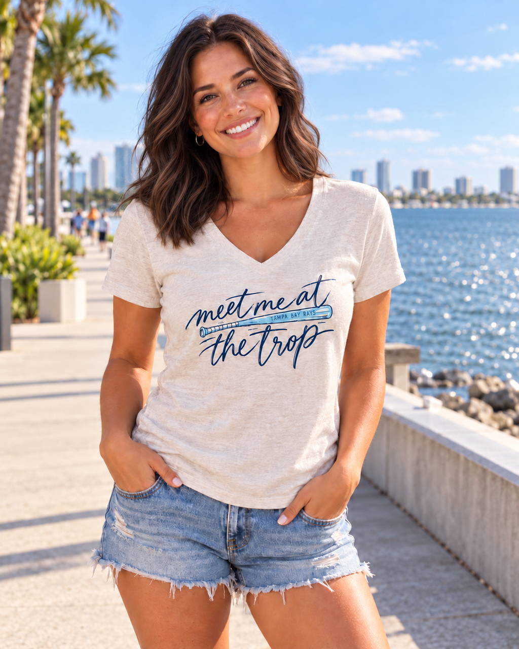 "Meet Me at the Trop" - Tropical Script Baseball V-Neck Tee