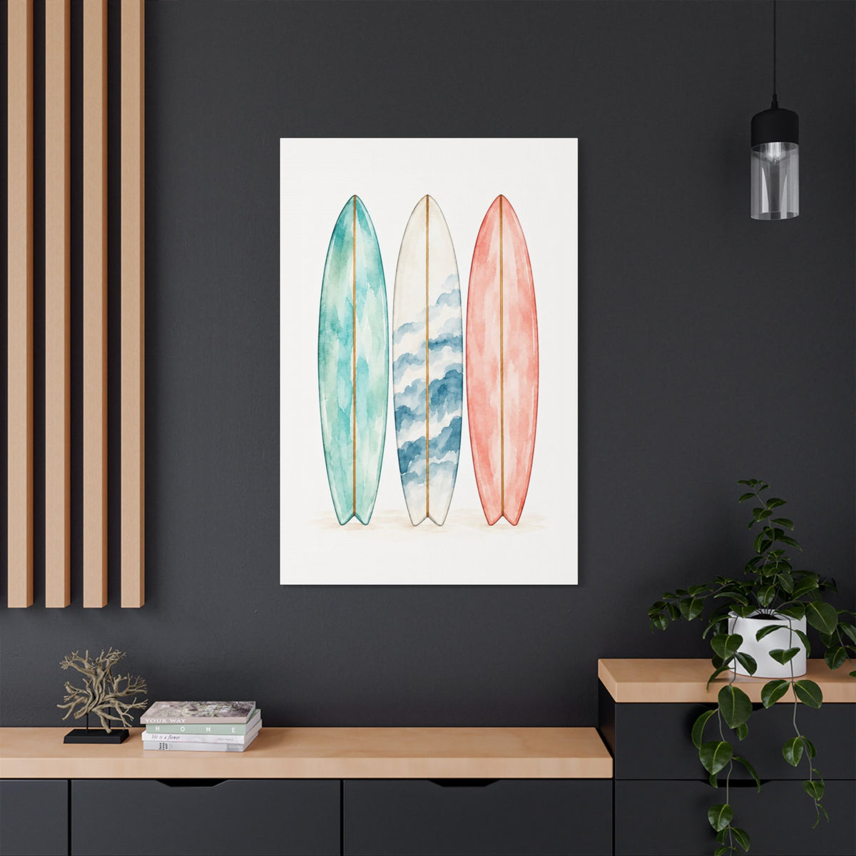 Surfboard Wall Art Canvas — Watercolor Coastal Surf Print (Satin Stretched)