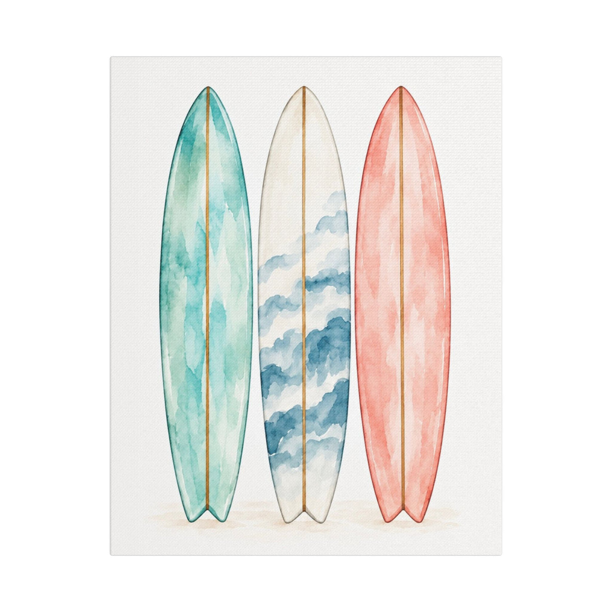 Surfboard Wall Art Canvas — Watercolor Coastal Surf Print (Satin Stretched)