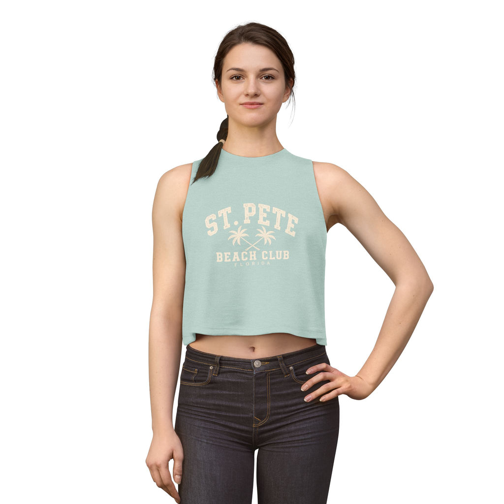St. Pete Beach Club Women's Crop Tank Top — Retro Palm Florida Vacation Tee