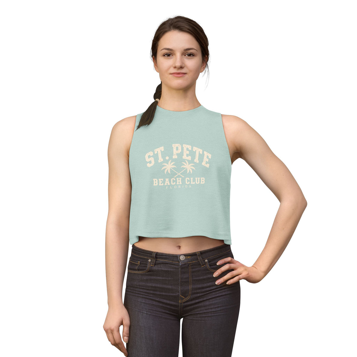 St. Pete Beach Club Women's Crop Tank Top — Retro Palm Florida Vacation Tee