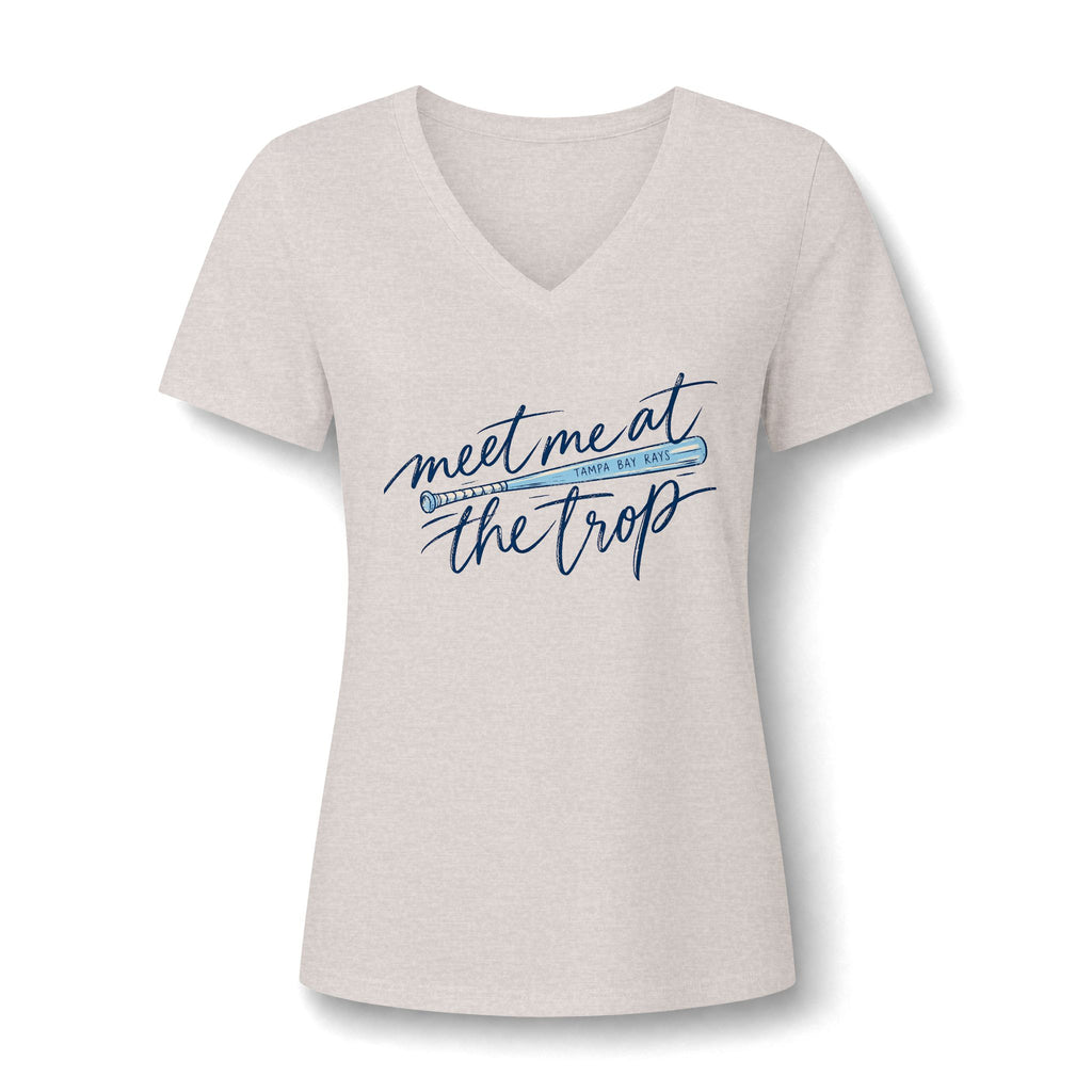 "Meet Me at the Trop" - Tropical Script Baseball V-Neck Tee