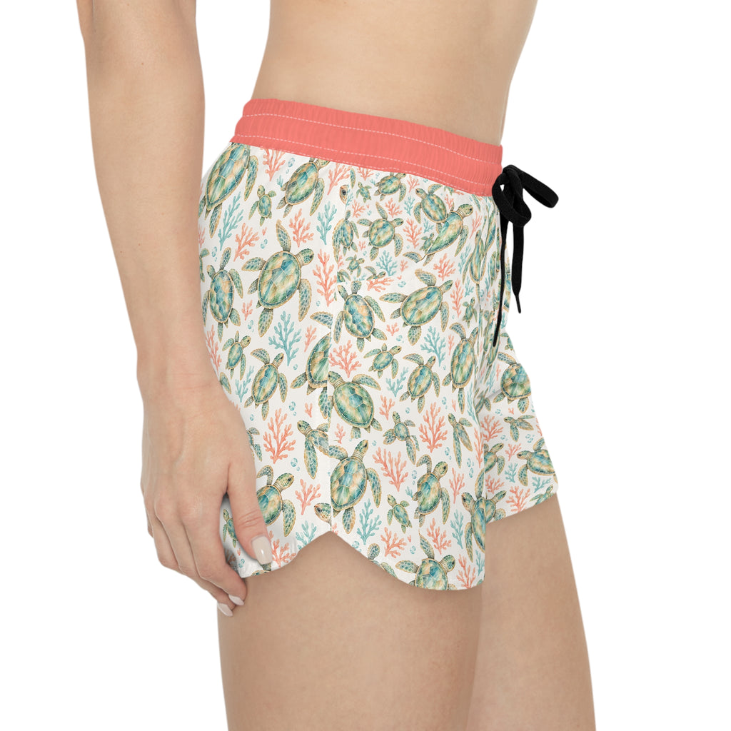 Sea Turtle Print Women's Casual Shorts — Tropical Floral Beach Lounge Shorts