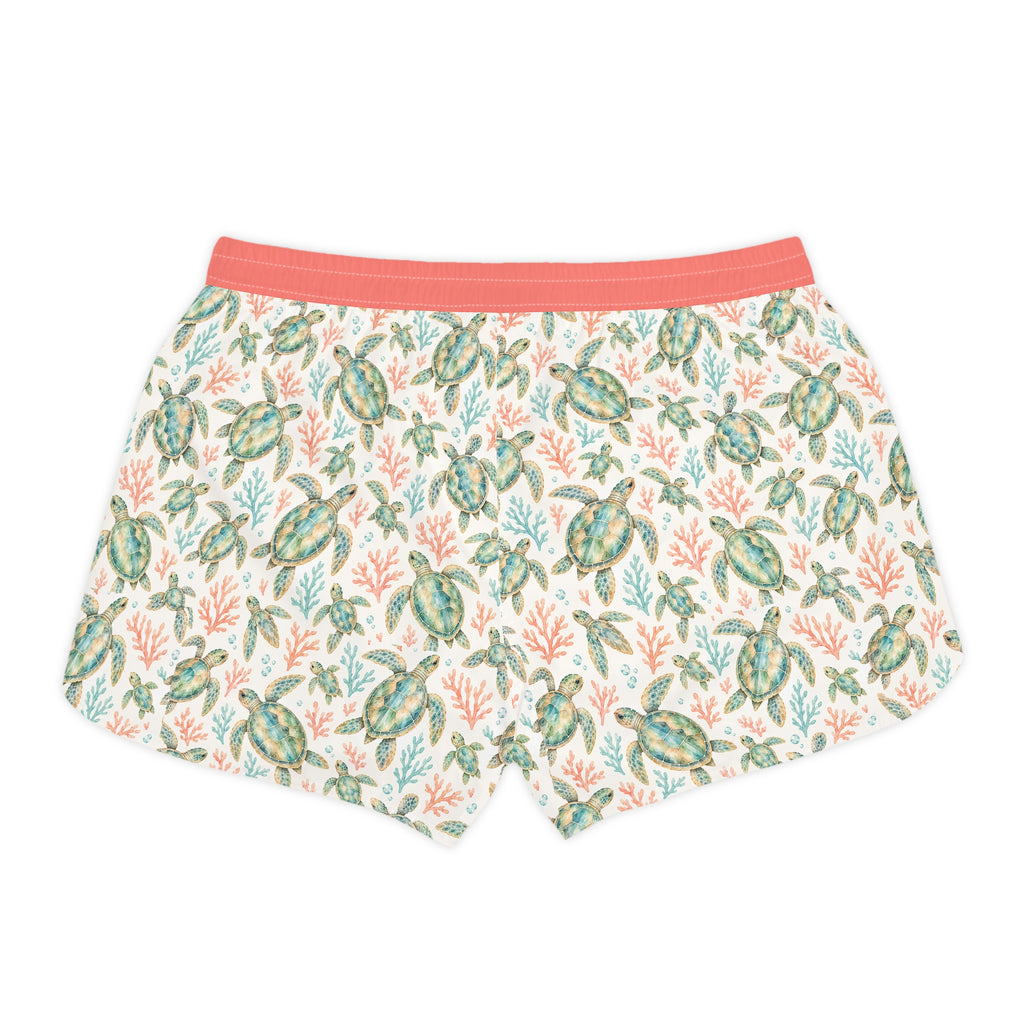Sea Turtle Print Women's Casual Shorts — Tropical Floral Beach Lounge Shorts