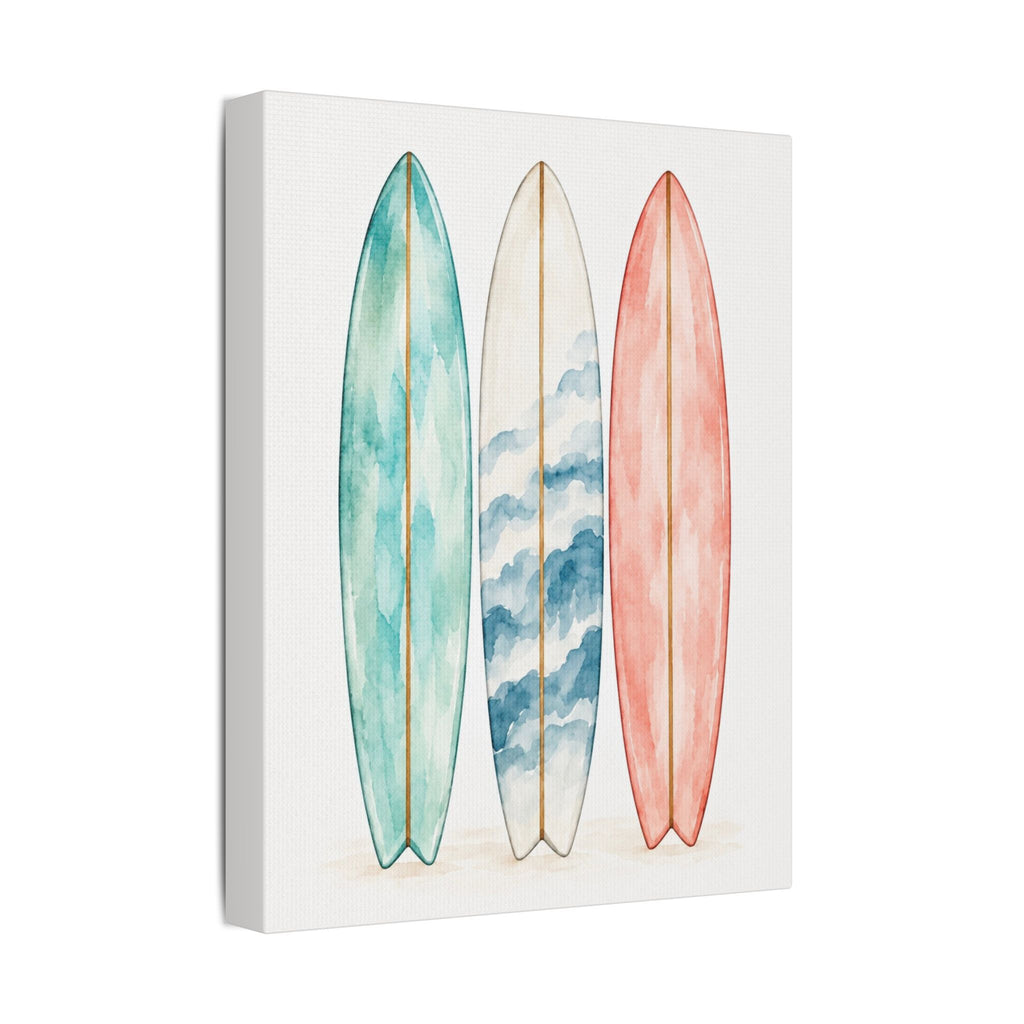 Surfboard Wall Art Canvas — Watercolor Coastal Surf Print (Satin Stretched)