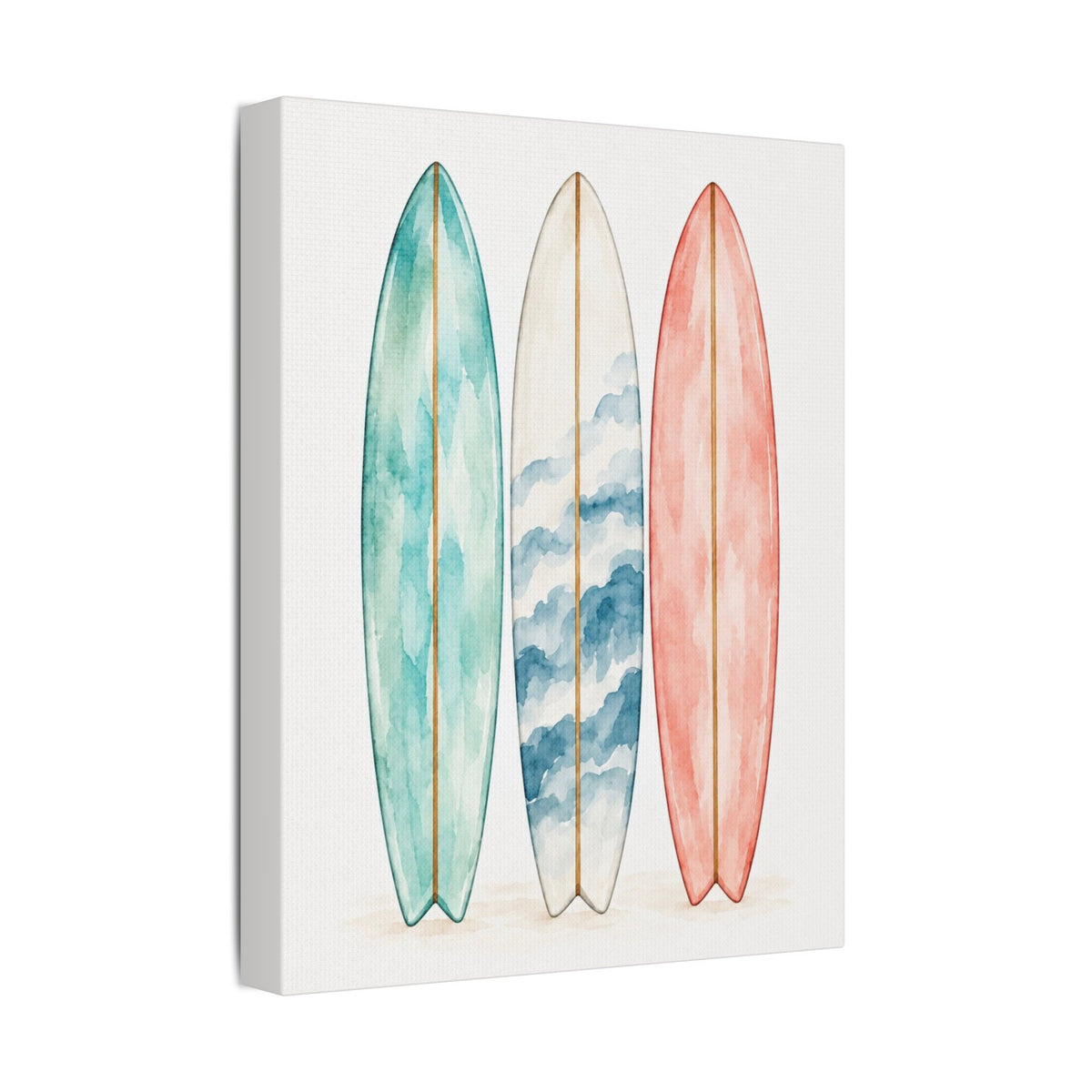 Surfboard Wall Art Canvas — Watercolor Coastal Surf Print (Satin Stretched)