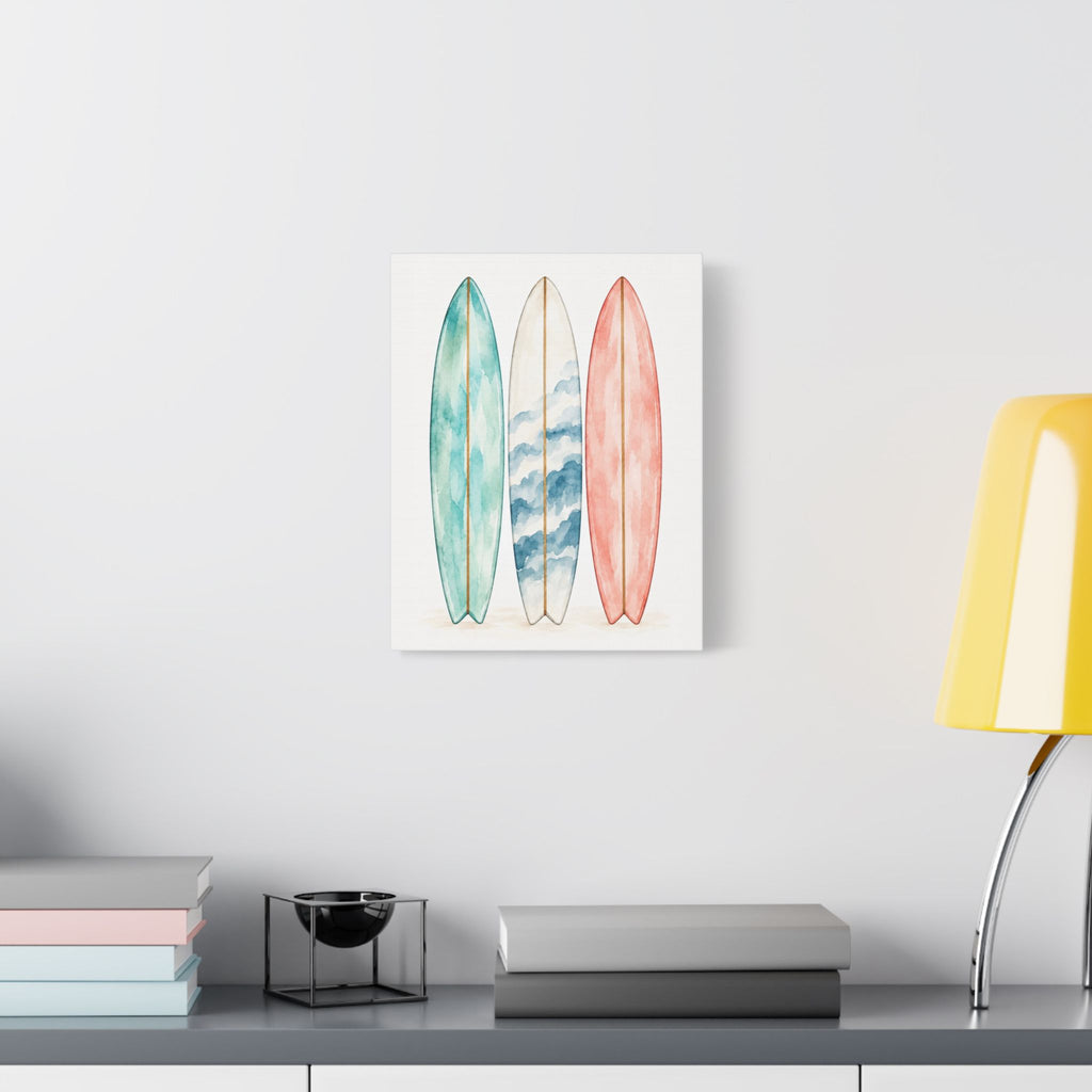 Surfboard Wall Art Canvas — Watercolor Coastal Surf Print (Satin Stretched)